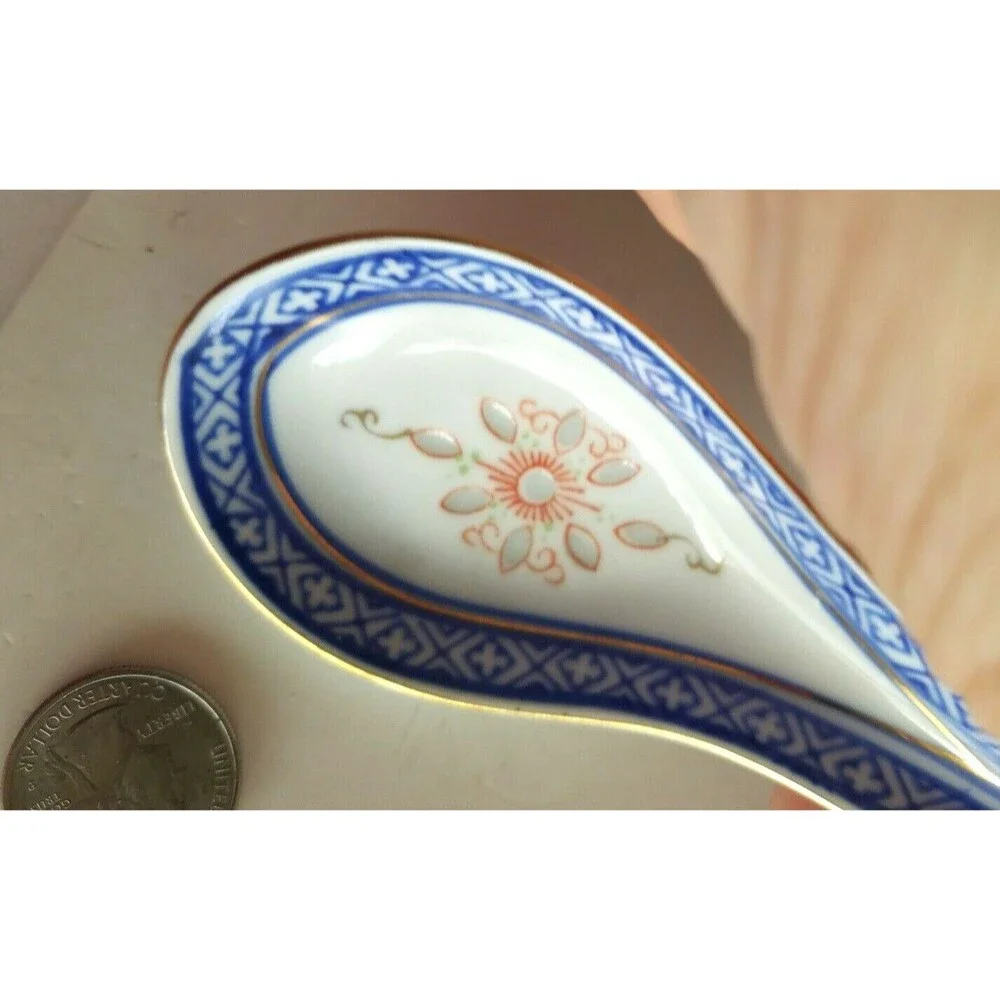 Vintage Porcelain Tienshan rice flower Spoon China, marked blue white red gold